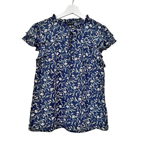1. State Tops - 1. State Navy Floral Flutter Sleeve Tie Neck Blouse